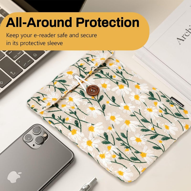 Dadanism 6-7 Inch Embroidered Daisy Floral Padded Sleeve for 7" All-New Kindle Paperwhite/Colorsoft Signature Edition, Protective Sleeve Carrying Case for 6" Kindle E-Reader/Oasis/Kobo E-Reader, Beige - Image 5